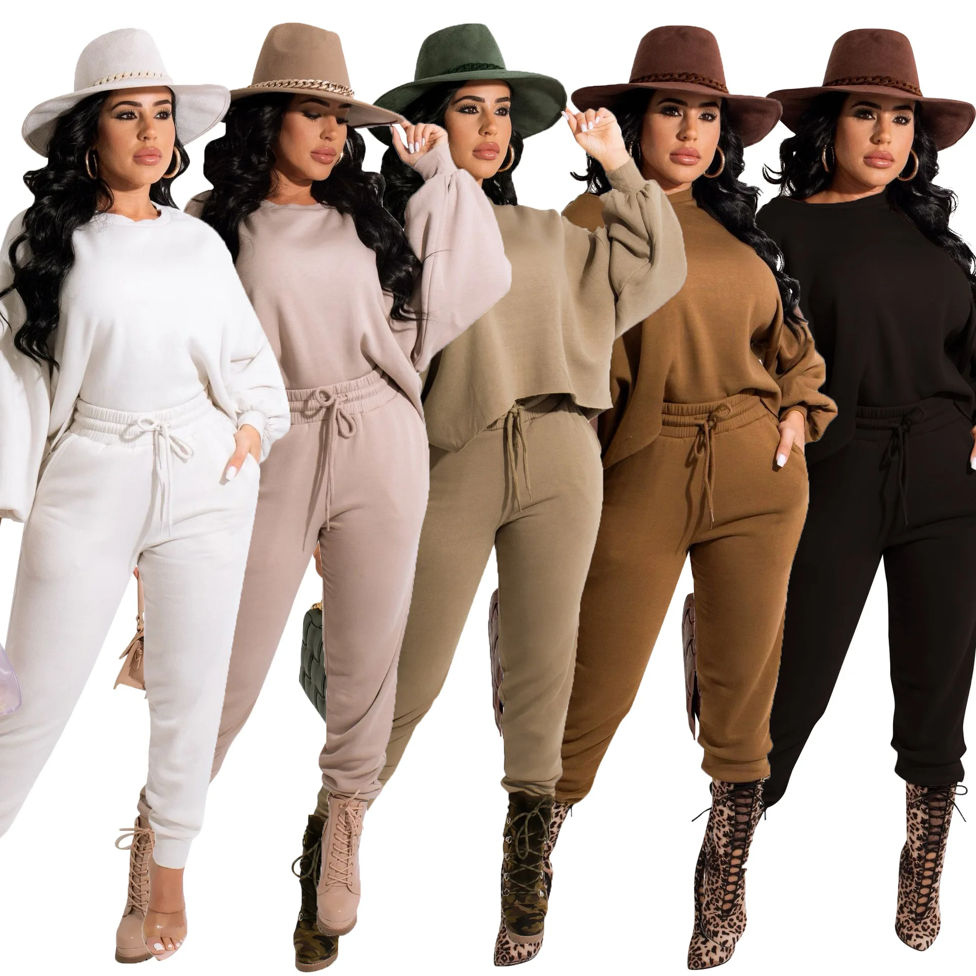 

Женский спортивный костюм из двух предметов, толстый флисовый свитер свободного покроя с пузырьковыми рукавами и штаны, Осень-зима