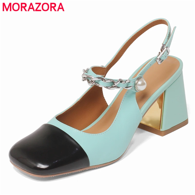 

MORAZORA HOT Brand Cowhide Women Sandals Slingback Square High Heels Mary Janes Square Toe Summer Ladies Party Club Shoes
