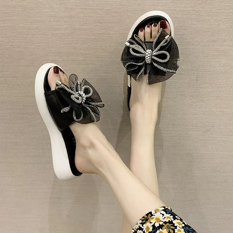 

Flat Shoes Female Slippers Casual Low Summer Clogs Woman Slides Butterfly-Knot Pantofle Platform Luxury Beach 2021 Basic PU Fash