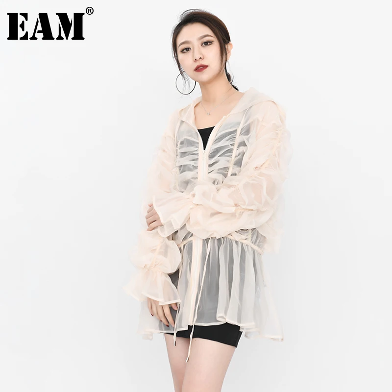 

[EAM] свободный крой абрикосового цвета, плиссированная тонкая куртка большого размера, Новое Женское пальто с капюшоном и длинным рукавом, м...