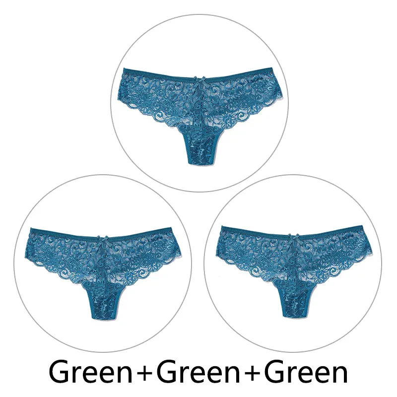 Green Green Green 3 шт., сексуальные кружевные трусики женские стринги и стринги, открытая низкая талия, нижнее белье, прозрачные танга, женское нижнее белье, дышащее - Цвет: Green Green Green
