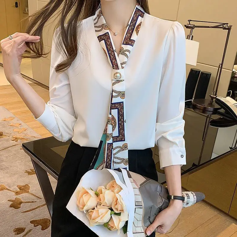 

2021Spring New Femininity Tie Design V-Neck Solid Color Shirt Girl Simple Casual Breathable Non-Wrinkle Supple Long-Sleeved Top