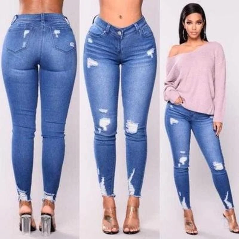 

European and American jeans women 2021 new high-waist stretch slim pants pencil feet pants ripped jeans for women pants