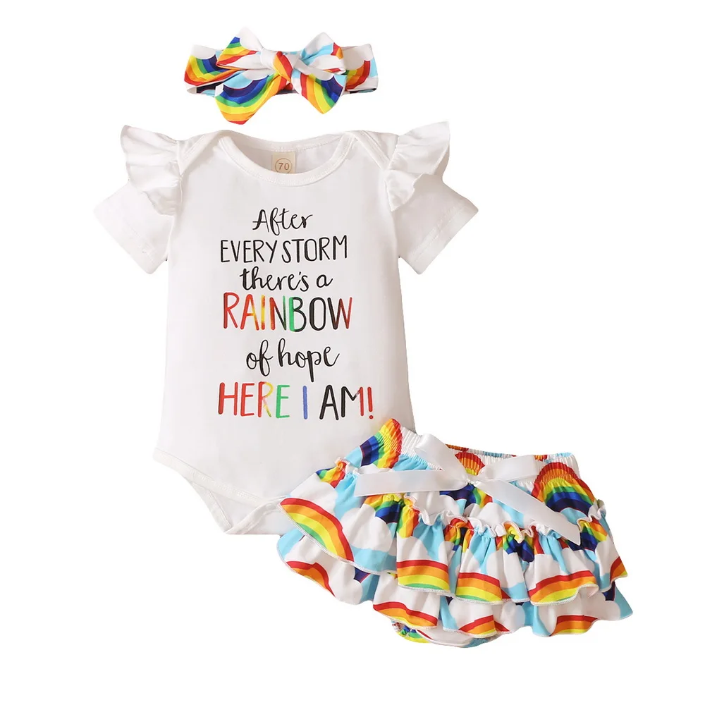 

Newborn Baby Girl Clothes Set Summer Ruffle Short Sleeve Letter Romper Rainbow Shorts Headband 3Pcs Outfit Infant Clothing D30