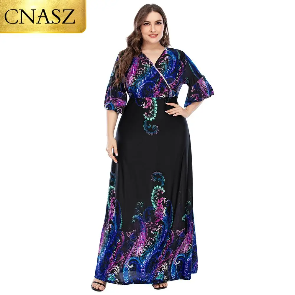 

2020 Summer New Plus Size Fashion Printed Dress Bohemian V-Neck Long Skirt For Women Floral Elegant Dress