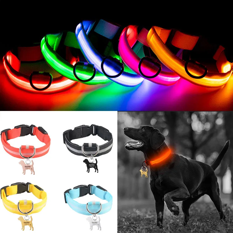 

YVYOO Customized Pet Collar Glowing Dog Collar Personalized Free Engraved Puppy ID Name Collar for Small Medium Large Dogs Pug