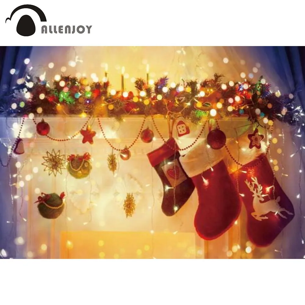 

Allenjoy Christmas Party Background Winter New Year Socks Glitter Lights Bells Fireplace Indoor Backdrop Photobooth Photophones