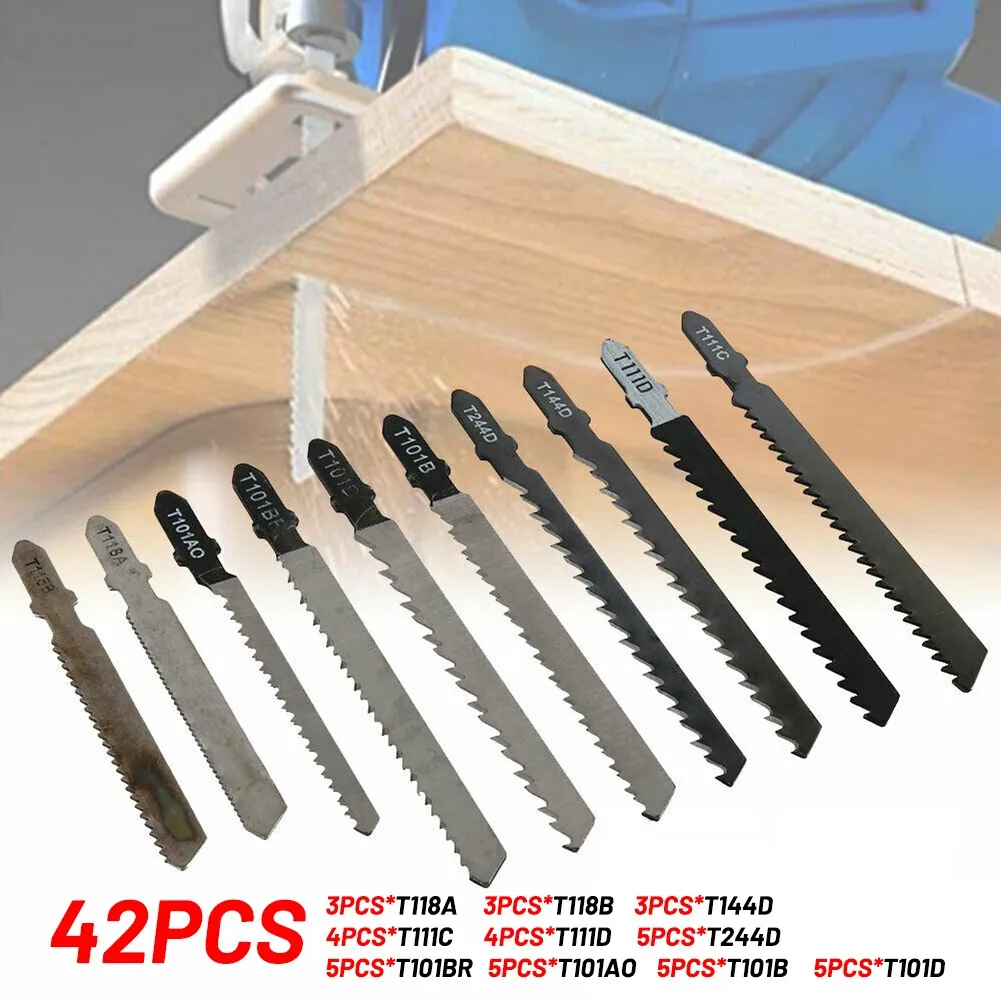 

42 Pcs Jig Saw Blade Set W/ T-shank HCS Wood Metal Plastic Cutting For Bosch Woodworking Tools Accessories