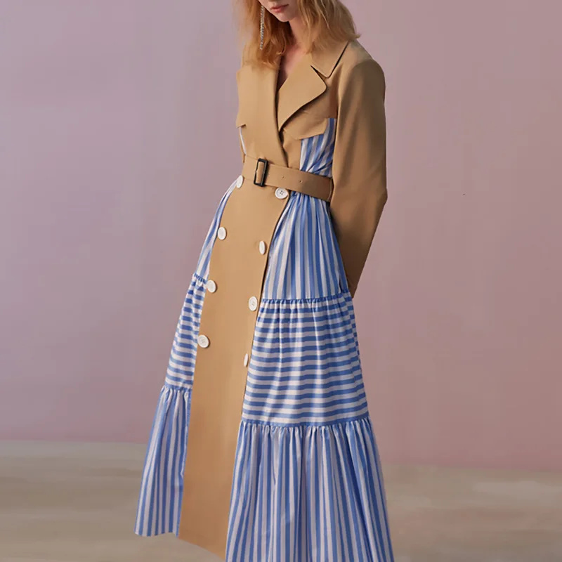 

Lady New Arrival Long-sleeve Straight Regular Buckle Khaki Stitching Stripes Contrast Color Mid-length Waist Belted Trench Coat