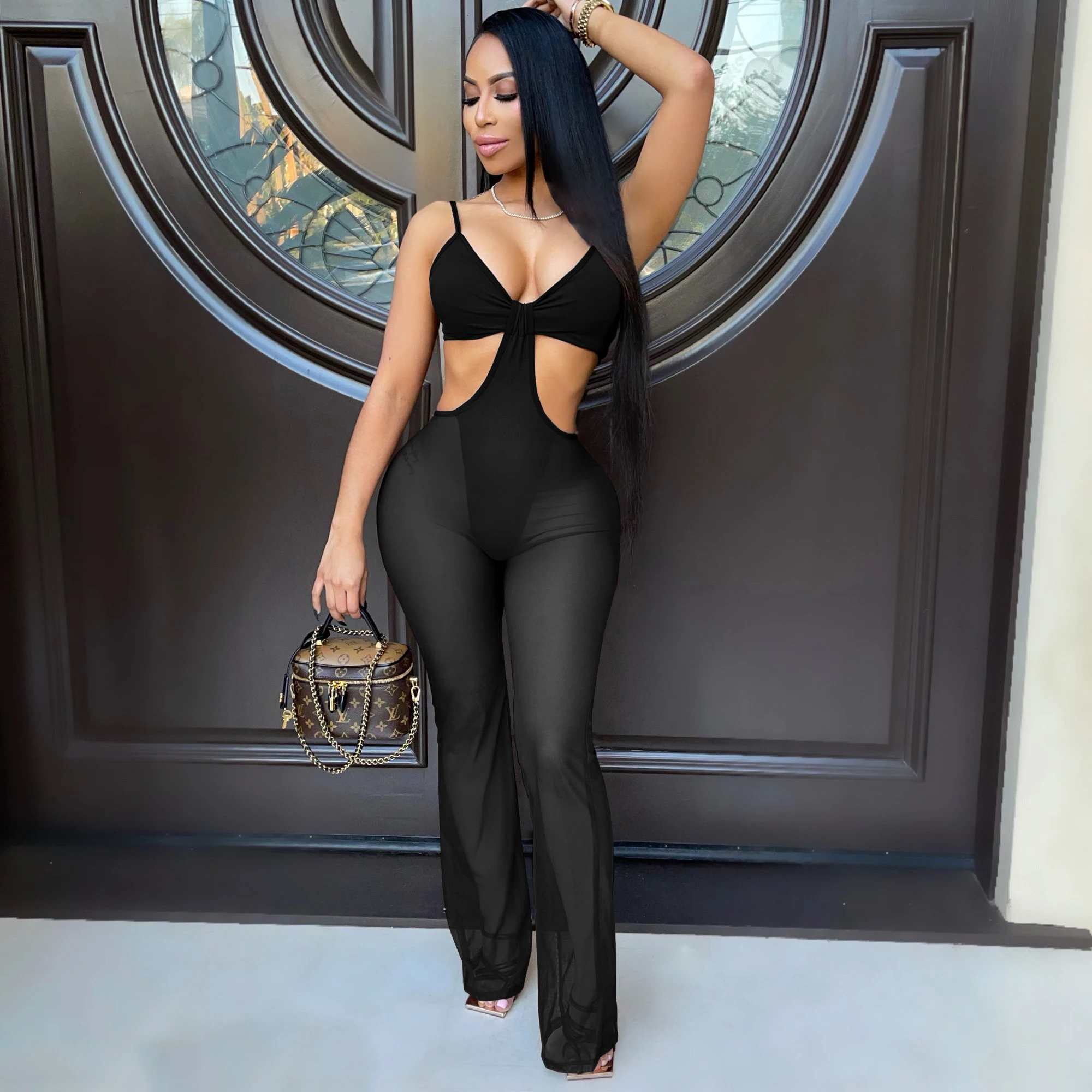 

Dourbesty Mesh Sheer See Through Jumpsuits Women Flared Pants Overalls Sexy Low-cut High Waist Summer Clothing Party Clubwear