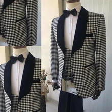 Men's Houndstooth 3-piece Wedding Groom Tuxedo Party Dress Business Slim Fit Blazer + Pants + Vest Free Customization (2)