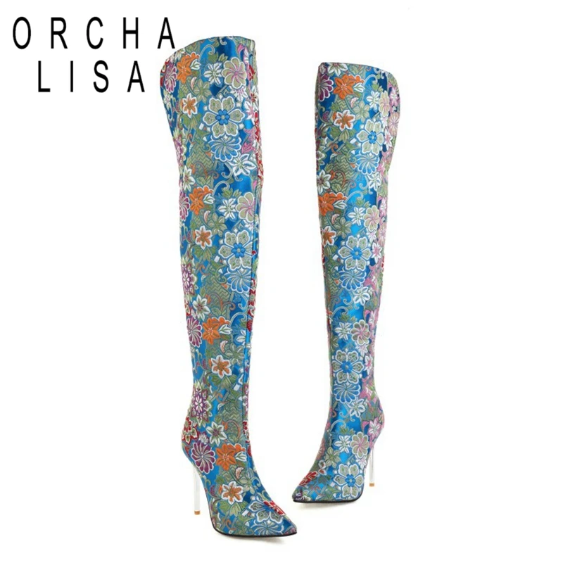 

ORCHALISA Botki damskie Winter Long Luxury Plus Size 34-43 Womens Pointed Toe Over The Knee Boots High Heel Shoes Warm F1531