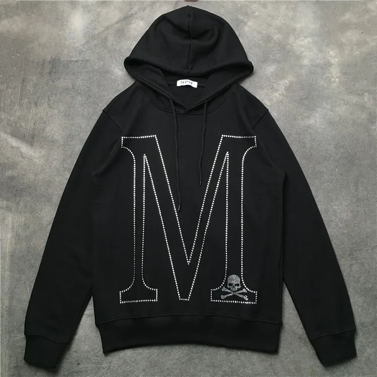 

New 19ss Men Hot drilling M skull Monster Hoodies Hoody hooded Sweatshirts velvet Cotton Drake Thick Fleece Street Hip hop #G96