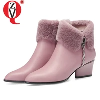 zvq cute sweet leather ankle boots winter warm chelsea boots pink black leather party 5cm high heels womens shoes