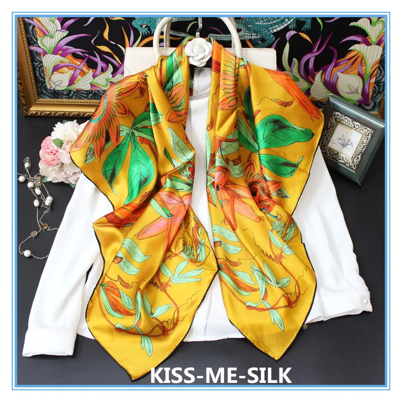 

KMS Yellow Daffodil silk plain satin square scarf shawl mulberry-silk scarf shawl women 110*110cm/60g
