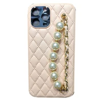 luxury lambskin leather pearl bracelet phone case for iphone 13 12 11 pro mini x xr xs max 7p 8 plus se 2020 wrist strap cover