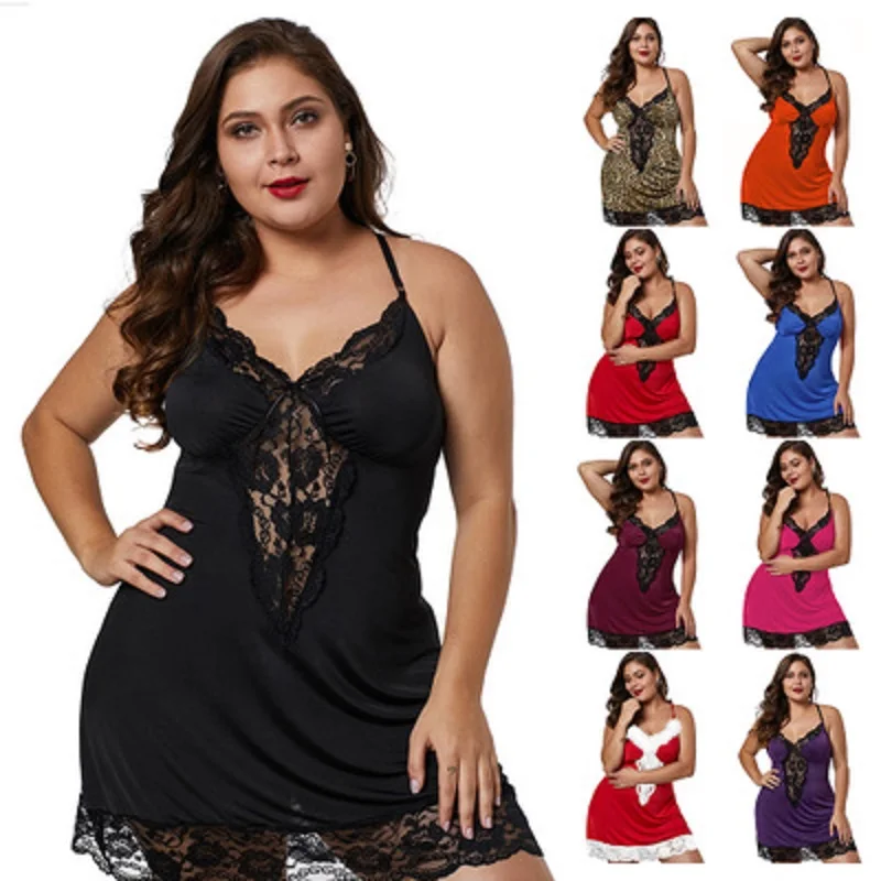 

Sexy Lace Sleepwear Women Ladies Night Dress Lingerie Nighties V-neck Nightdress Lace Up Loose Nightgown Plus Size Robe
