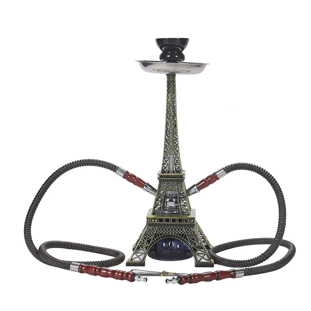 

Metal Hookah Paris Tower Double Pipe Hookah Set with Glass Base Shisha Pipe Ceramic Bowl Chicha Narghile Bar KTV Accessories