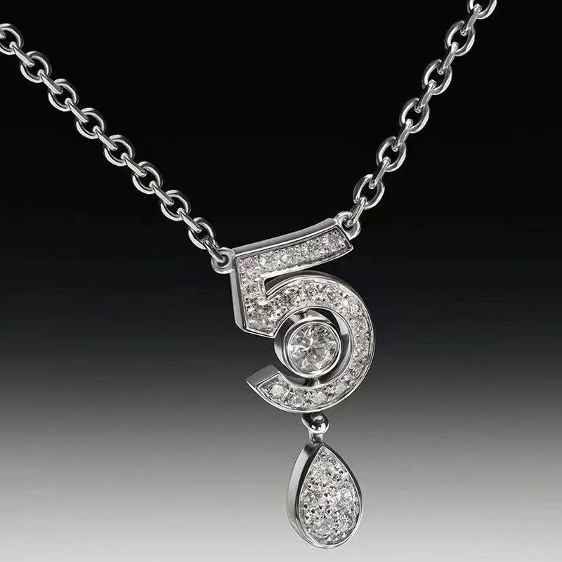 

Hot Brand Pure 925 Sterling Silver Jewelry For Women Letter 5 Diamond Water Drop Pendant Cute Flower Party Luxury Brand Necklace