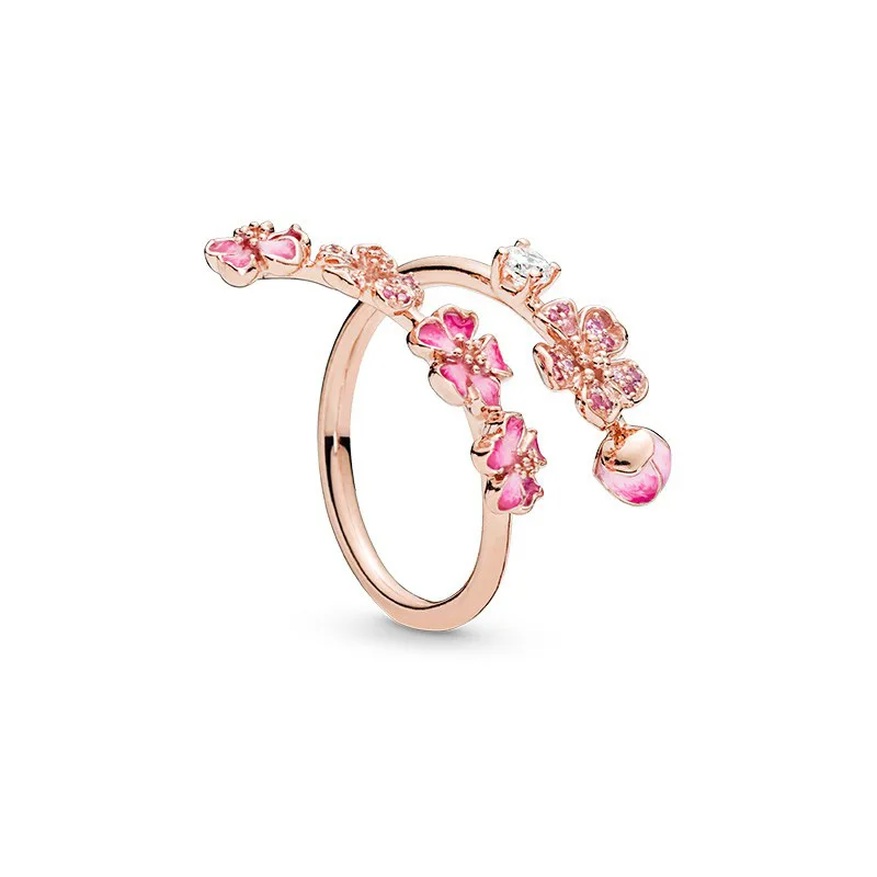 

Fit Original Pans S925 Sterling Silver Ring Openwork Pink Enamel Peach Blossom Rings for Women Wedding Party Gift Jewelry