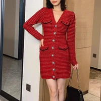 womens wool two piece suit red dress plaid top one piece skirt korean style dress womens elegant retro dress suit vestidos