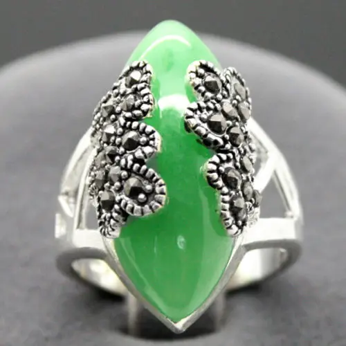 Винтажное зеленое Нефритовое 925 пробы Серебряное марказитовое кольцо размер