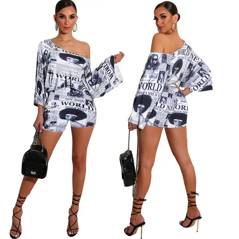 Комплект из 2 предметов с принтом белой газеты женские рубашки открытыми плечами