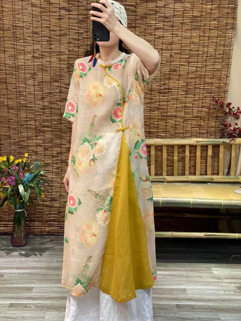

2021 summer new linen print splicing long skirt loose and thin dress lzf81133