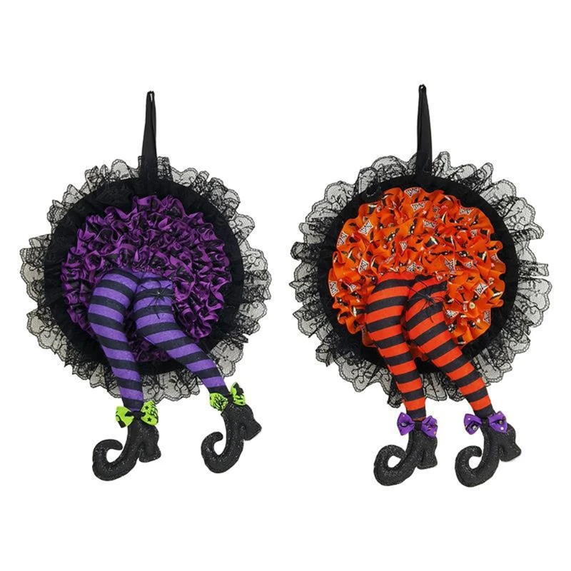 

448B Happy Halloween Funny Witch Leg Wreath with Ruffle Lace Skirt Front Door Hanging Garland Party Supplies Wall Decoration