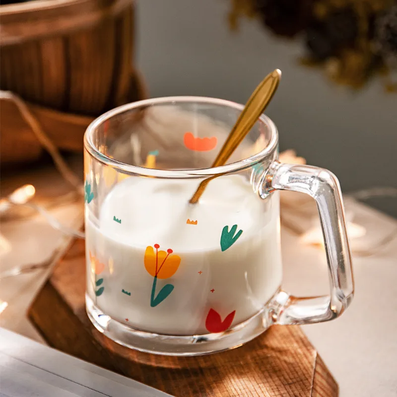 

Ins Korean Printing Tulip Glass Hand-Painted Flower Star Belt Portable Cup Milk Coffee Juice Home Restaurant Water Cup