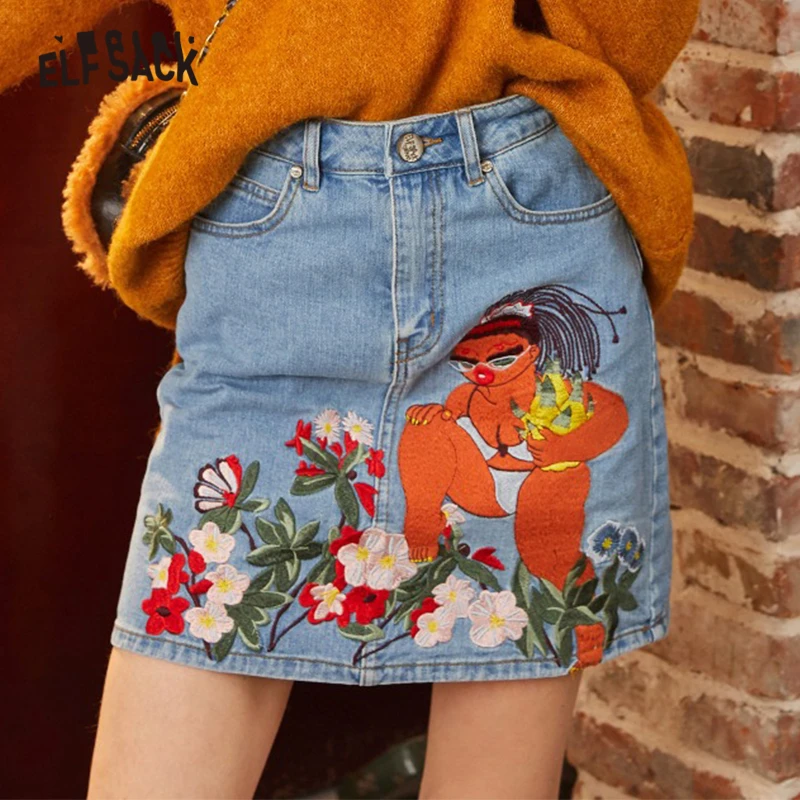 Женская Повседневная джинсовая юбка ELFSACK синяя однотонная мини с вышивкой