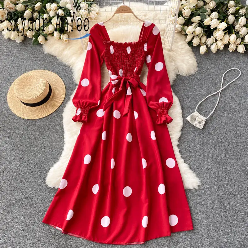 

Женское платье в горошек, повседневное приталенное ТРАПЕЦИЕВИДНОЕ ПЛАТЬЕ-миди с длинным рукавом, осень 2021