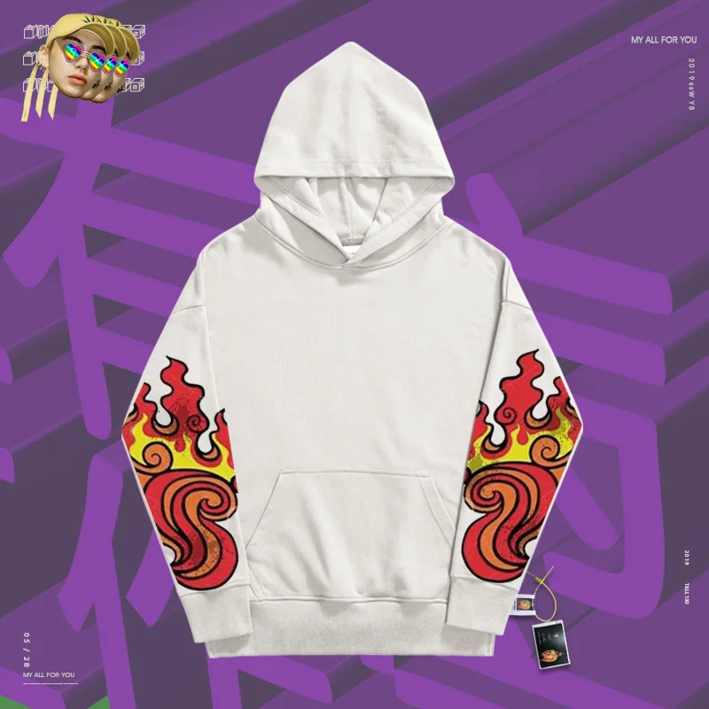 Пальто с капюшоном bboy rap moletom толстовки двойным рукавом принтом пламени модное