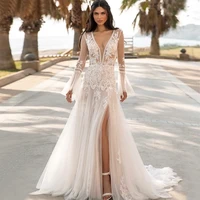 boho lace wedding dresses 2021 summer beach side slit bridal dress v neck flare sleeves bohemian vestidos de noiva plus size