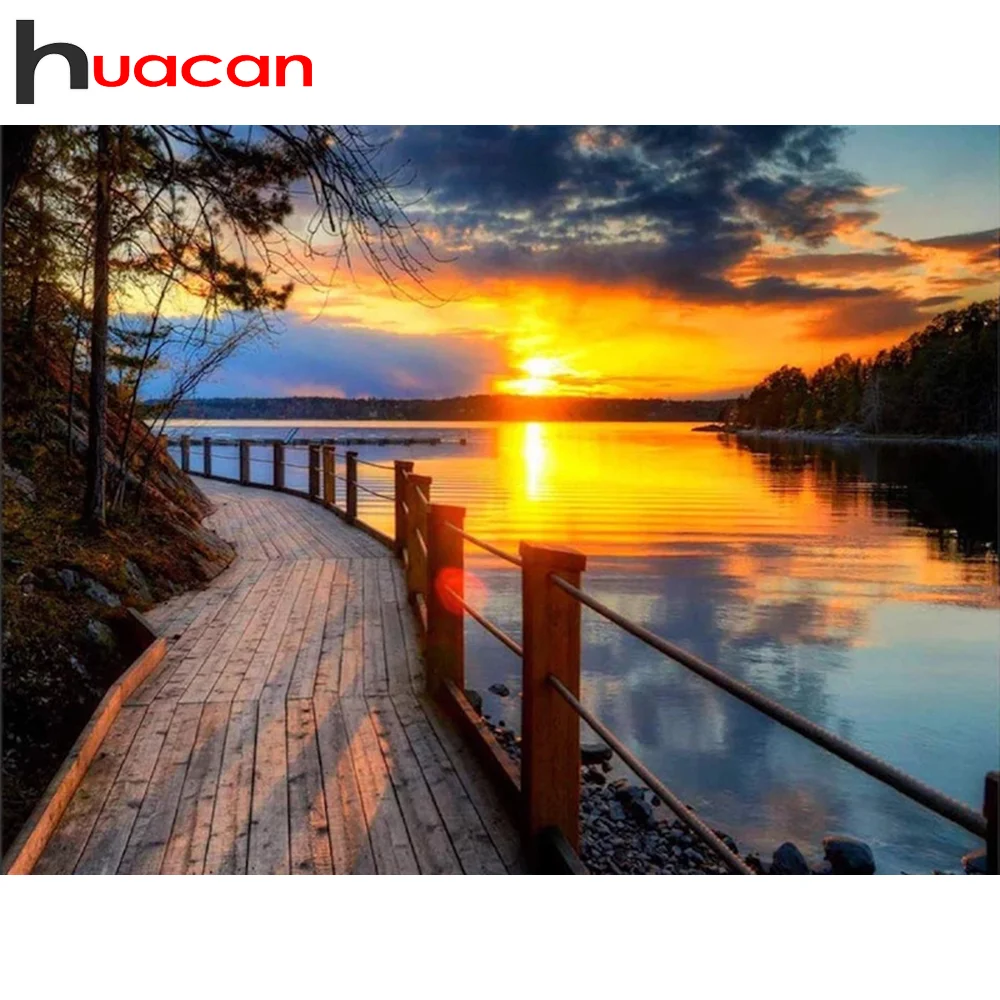 

Алмазная вышивка Huacan, мозаика С закатом, пейзаж, 5D алмазная живопись, вышивка крестом, украшение для дома