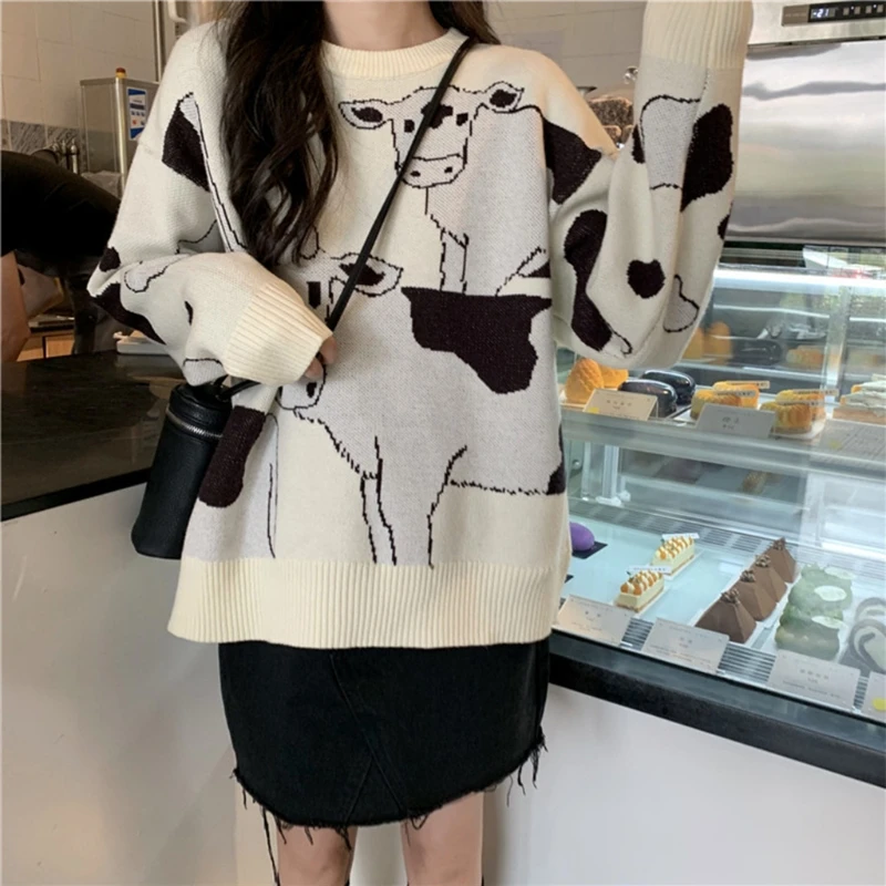 

Women Autumn Farm Dairy Cow Print Sweater Long Sleeve Crew Neck Harajuku Pullover Top Oversized Loose Knitwear Jumper