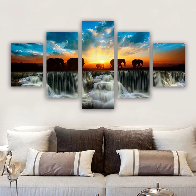 

Home Decor Modern HD Printed Paintings 5 Panel Elephant Animal Sunset View Wall Art Frame Canvas Living Room Pictures Tableau