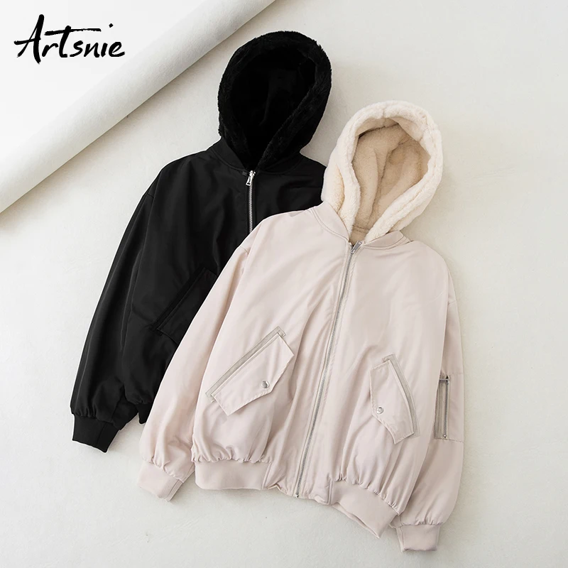 

Artsnie double wear thick women parkas winter 2019 hooded long sleeve warm coats chaqueta mujer zipper pockets parkas jackets