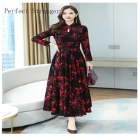2021 autumn winter new arrival hot sale cheongsam style stand collar long sleeve printed women long dress m 4xl