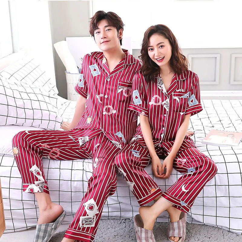 Couples Unisex Silk Sleepwear Soft Payama Sets Nightgown Women Pajama  Long Sleeve Men Lounge Pajamas sleepwear set