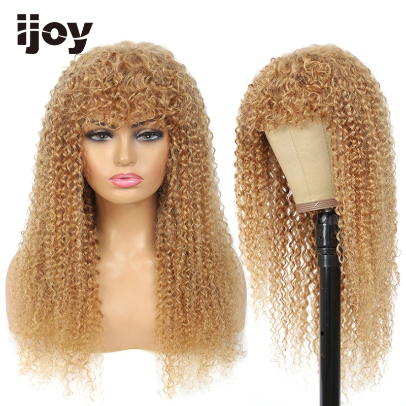 

Human Hair Wig With Bangs Kinky Curly Hair Colored Honey Blonde Brazilian Hair Full Machine Wigs For Black Women Non-Remy IJOY