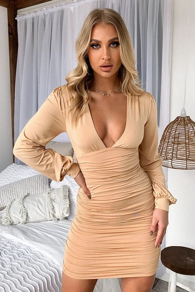 

Gaono 2021 Summer Fall Casual Pleated Mini Dress Women V-Neck Long Sleeve Party Skinny Sundress Sexy Elegant Solid Party Dresses