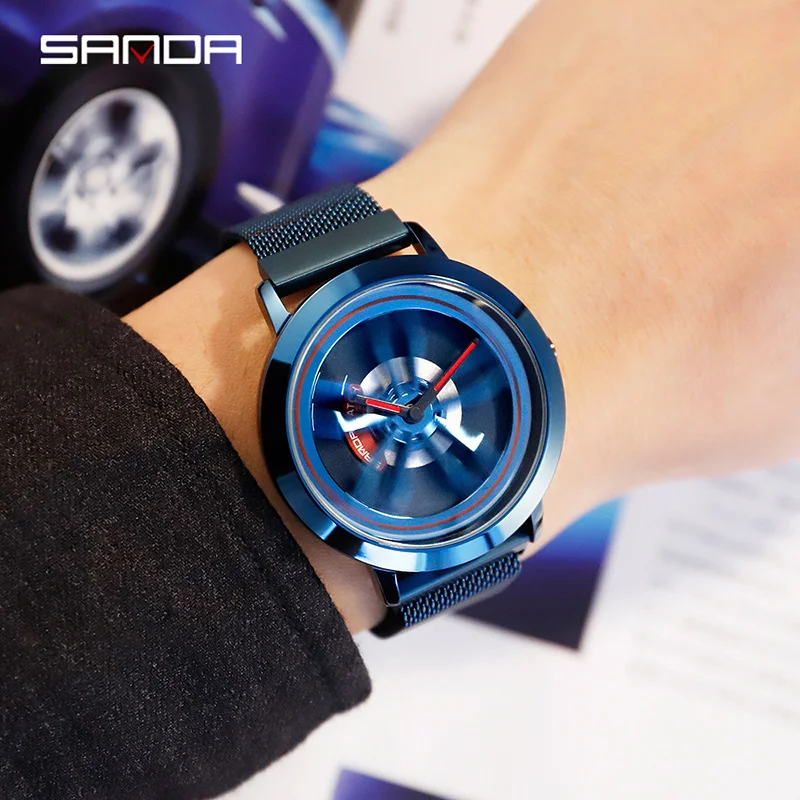 

SANDA Rotate dial Men's Watches Top Brand Luxury Rose Gold Mesh Watch Men Fashion Business Wrist watches Relogio Masculino P1009