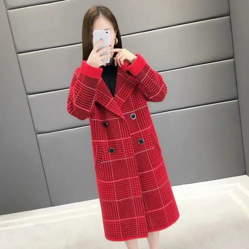 

Woman Imitation Mink Cashmere Coat Mid Long Cardigan Abrigos Mujer Inverno 2021 Slim Thick Warm Plaid Jacket Autumn Overcoat New