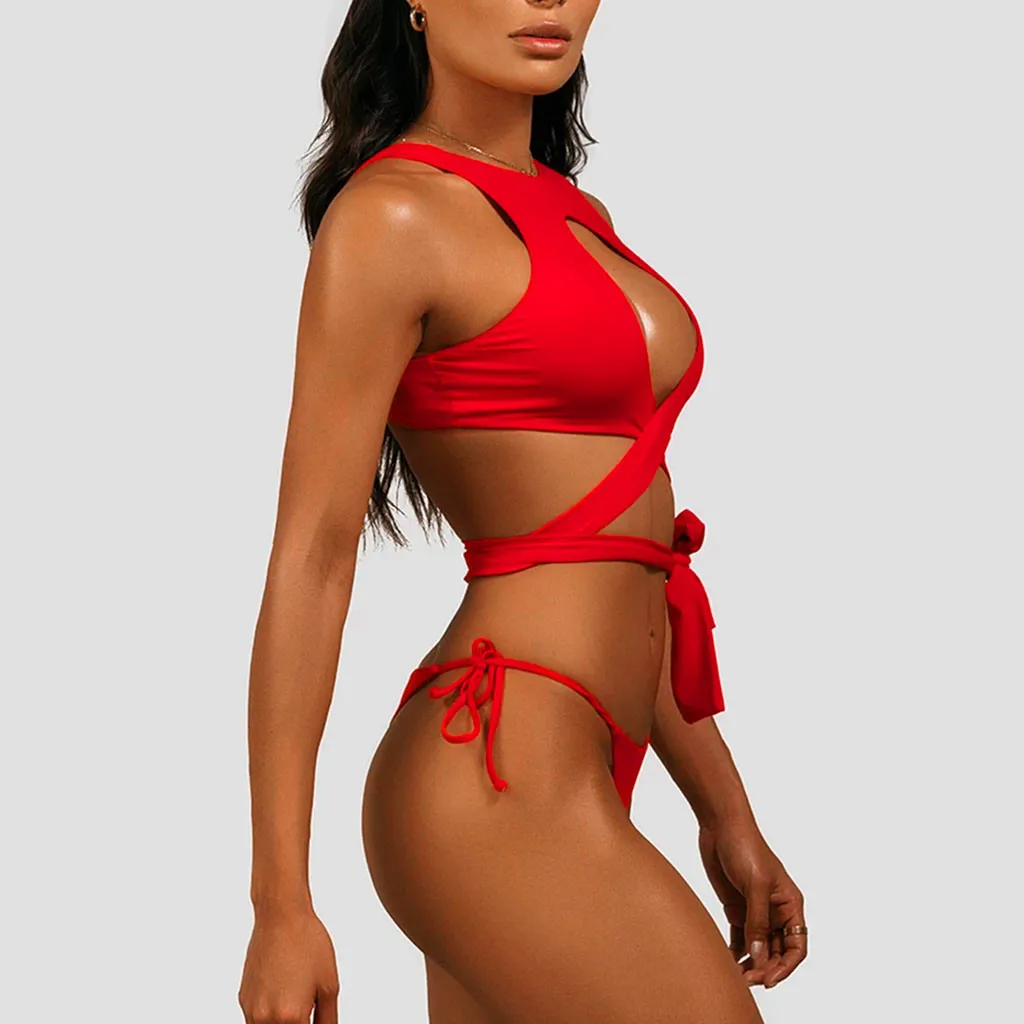 Pure Color Bandage Criss Backless Cross Push up Bikini Hollow Out High Cut Thong Swimsuits Halter Beach Plus size Bathing Suit | Женская