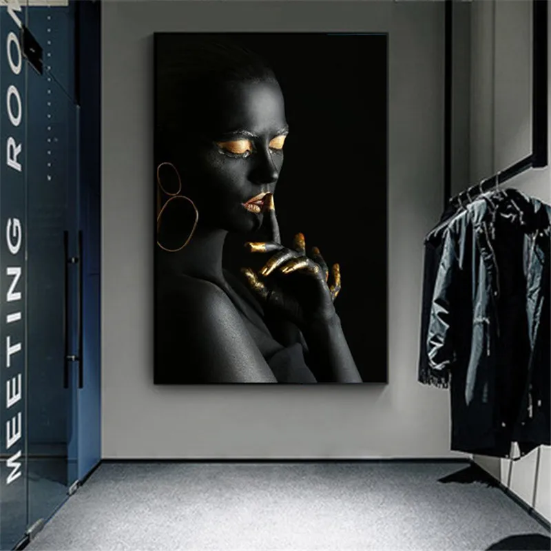 

Black Woman with Gold Jewelry Canvas Art Posters And Prints Sexy African Model Canvas Paintings Wall Art Picture For Living Room
