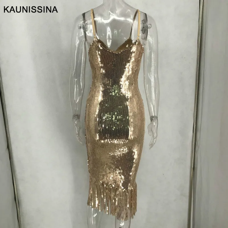 Женское коктейльное платье с блестками KAUNISSINA длинное прямое на бретельках v