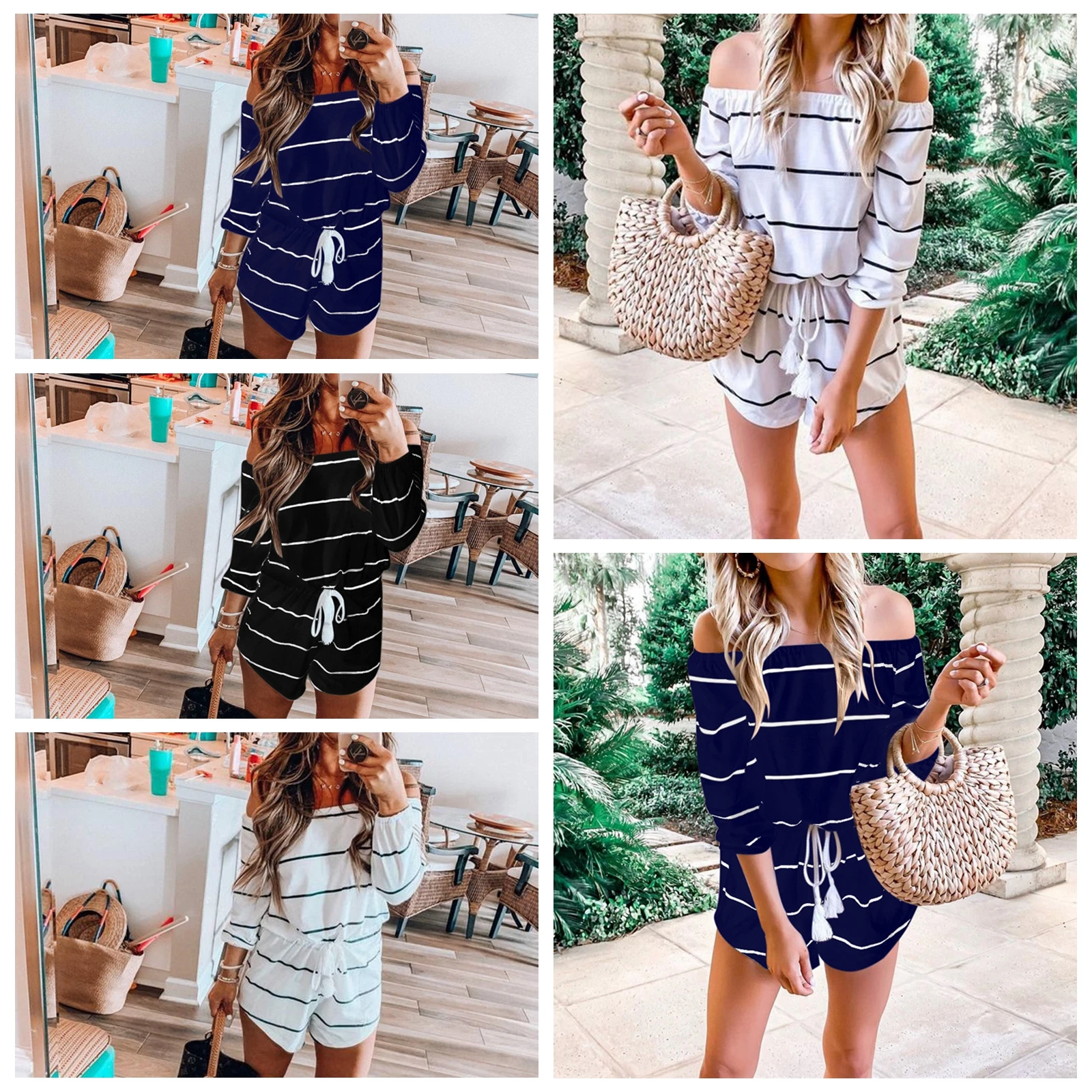 

2021 Sexy off shoulder Black striped women jumpsuit romper Summer style beach short playsuit Casual macacao lining overalls