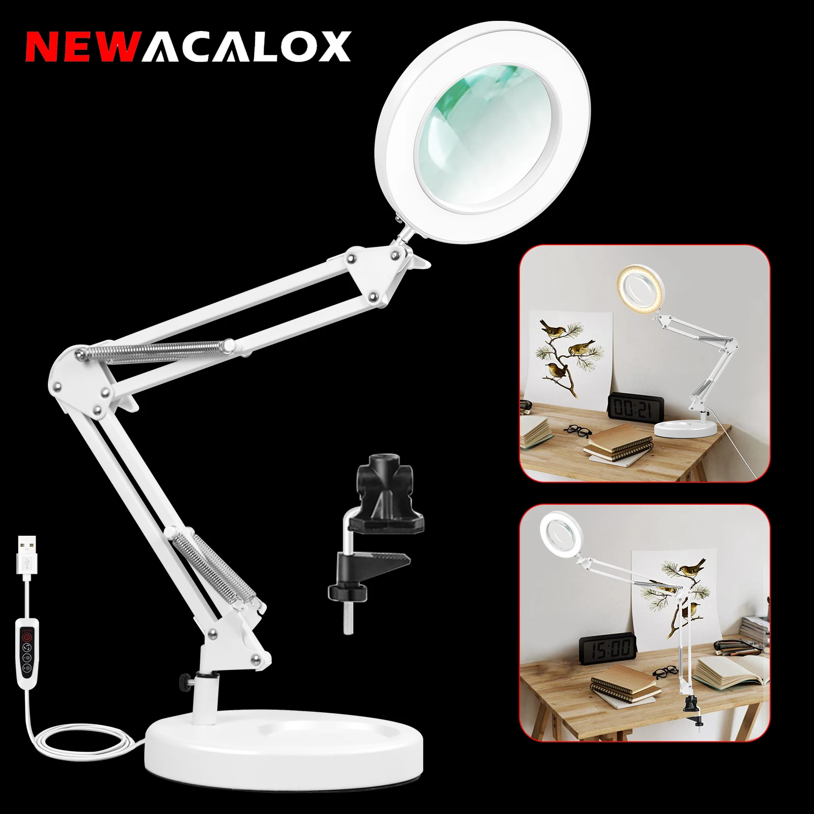 

NEWACALOX 5X Illuminated Magnifier USB 3 Colors LED Magnifying Glass for Soldering Iron Repair/Table Lamp/Skincare Beauty Tool