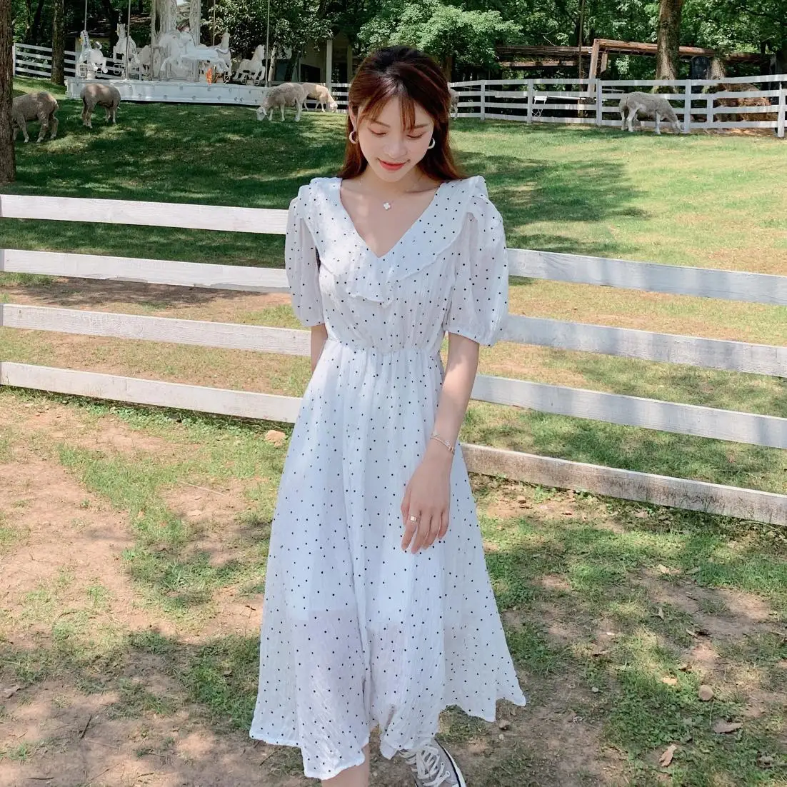 Летнее платье с цветочным рисунком Элегантный французский v образным вырезом